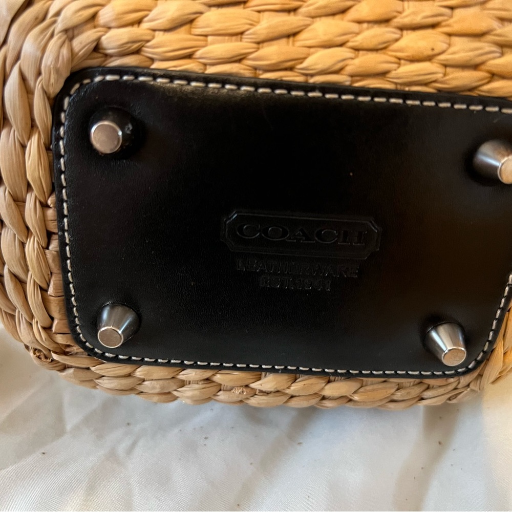 Coach Black Leather & Natural Woven Straw Bucket Tote - Picture 4 of 4
